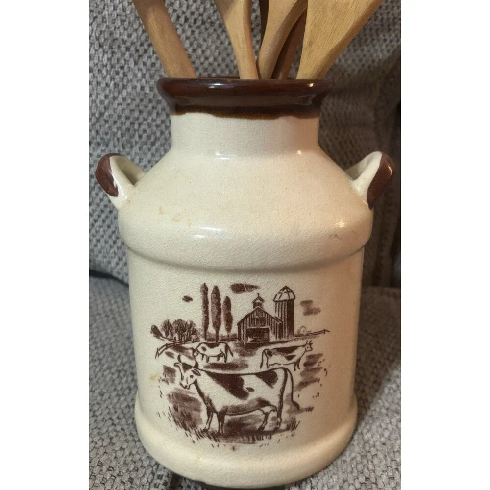 Vintage Himark Kitchen Utensil Farm Scene Crock & Wooden Utensils Country Decor
